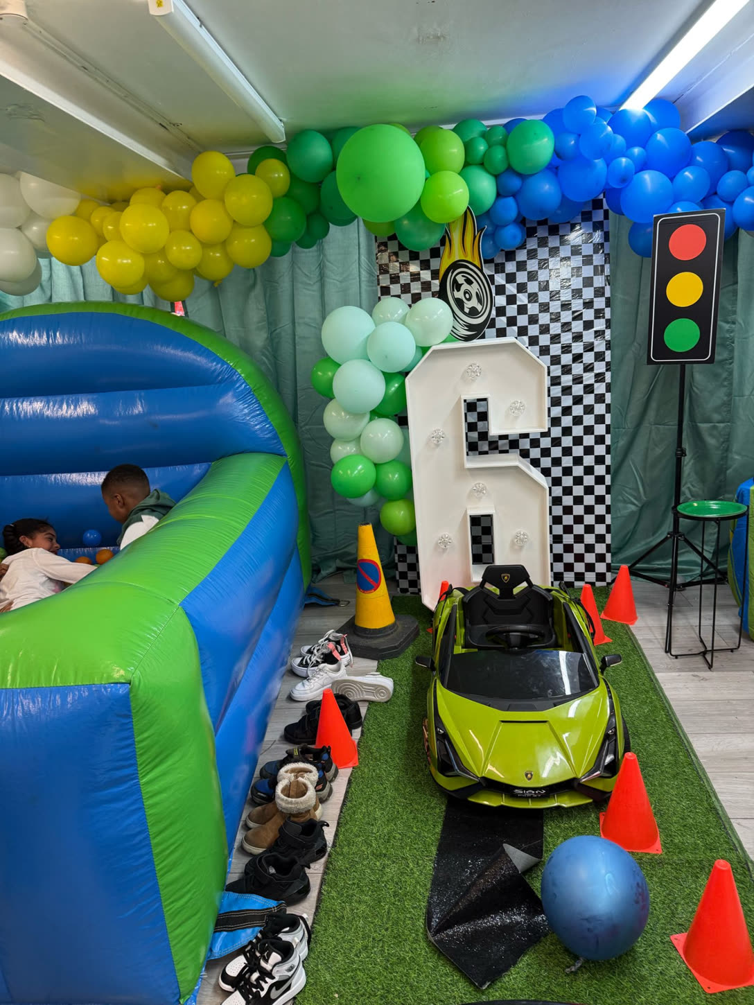 Soft play ball pit, ride-on car & light-up number setup