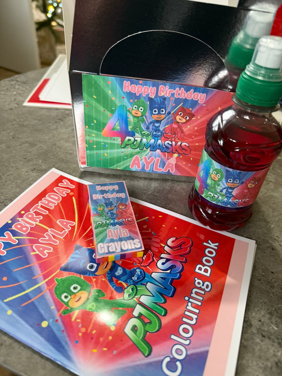 Themed favour set — juice bottle, colouring book & crayons